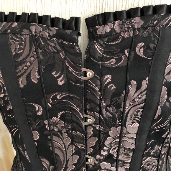 25” Overbust Corset Ruffle Black Pink Lilac Pattern Damask Jacquard Witchy Fairy - Picture 10 of 12